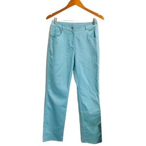 St. John Baby Blue Pants Trousers Silver Logo Pocket Straight Leg Sz 2